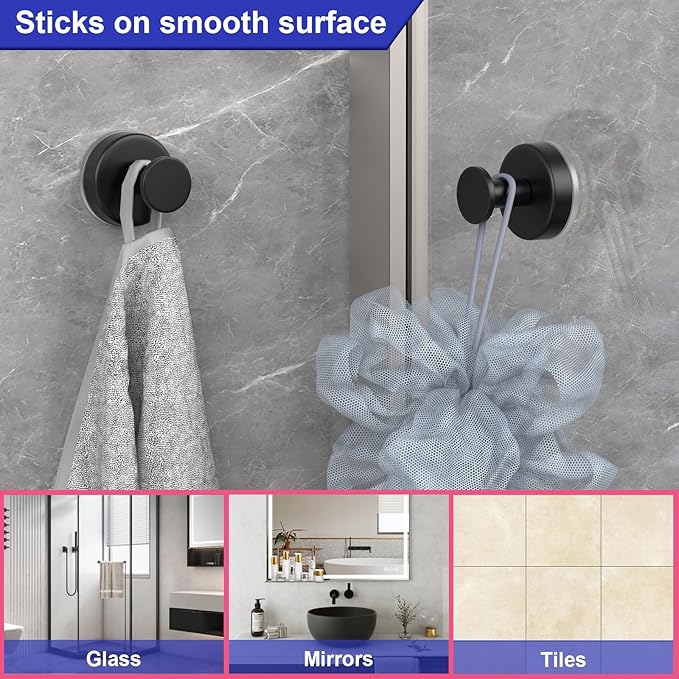 HUFEEOH Suction Cup Hooks for Shower, Towel Hooks Wall Hooks for Hanging, Removable Towel Holder for Bathroom, Kitchen, Glass Door, Mirror, Tile (2 Pack O Shape - Black)