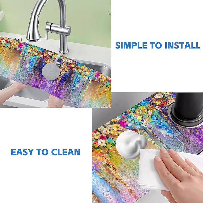 Abstract Watercolor Flowers Dish Drying Mat for Kitchen Sink Splash Guard Behind Faucet Sink Mat Absorbent Fast Drying Faucet Draining Mat for Bathroom Kitchen 5.5"×24"