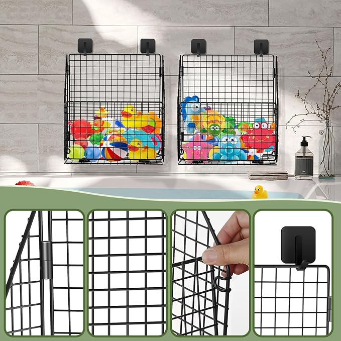 Large Bath Toy Storage, Metal Bathtub Shower Toy Holder, Foldable bath Tub Toy Organizers, Bathroom Toy Storage with Drainage for Sorting Toys/Clothes/Toiletries (2pc black)