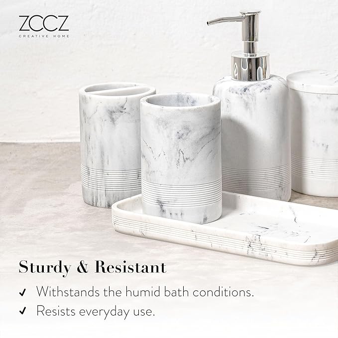 ZCCZ White Marble Bathroom Accessories Set 6 Pieces - Toothbrush Holder, Lotion Dispenser, Qtip Container, Vanity Tray, Tumbler - Countertop Organizer for Bathrooms - Elegant and Functional Décor Set