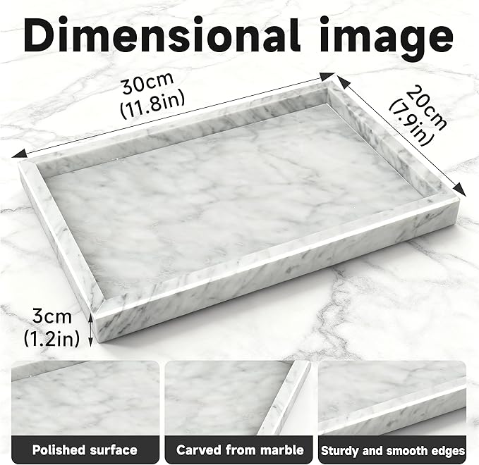 12"x8" Marble Tray White Rectangular Bathroom Tray countertop, Vanity & Kitchen | Includes Mirror Wiper and Wash Towel | Decorative Organizer for Perfume, Jewelry & Home Decor