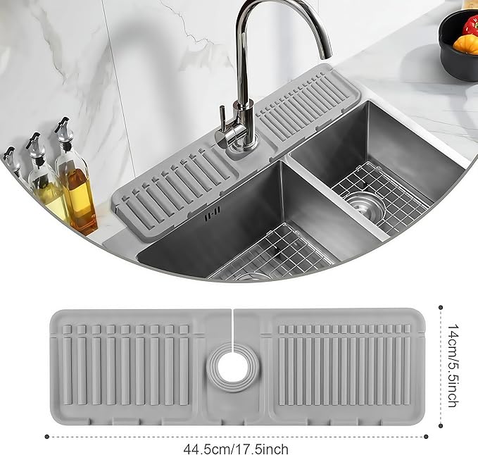 Faucet Mat for Kitchen Sink - 2024 Premium Upgrade: Enhanced Silicone Splash Guard with Rapid Drying & Dish Soap Sponge Holder, Perfect for Stone Sinks in Kitchen & Bathroom (Gray, 1 PCS)