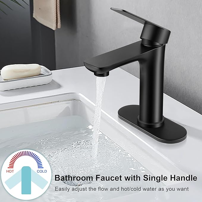 Homikit Matte Black Bathroom Faucet for 1 Hole or 3 Holes, 18/10 Stainless Steel Single Handle Bathroom Sink Faucets for RV Vanity Basin Lavatory Bath with Pop Up Drain & 2 Supply Hoses