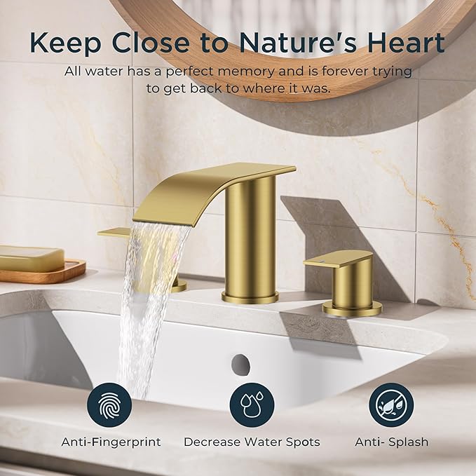 FORIOUS Upgrade Brushed Gold Bathroom Faucets 3 Hole, 8 Inch Widespread Waterfall Bathroom Sink Faucet Two Handle with CUPC Hose and Metal Pop-up Drain for Lavatory, Farmhouse, Rv Remodel