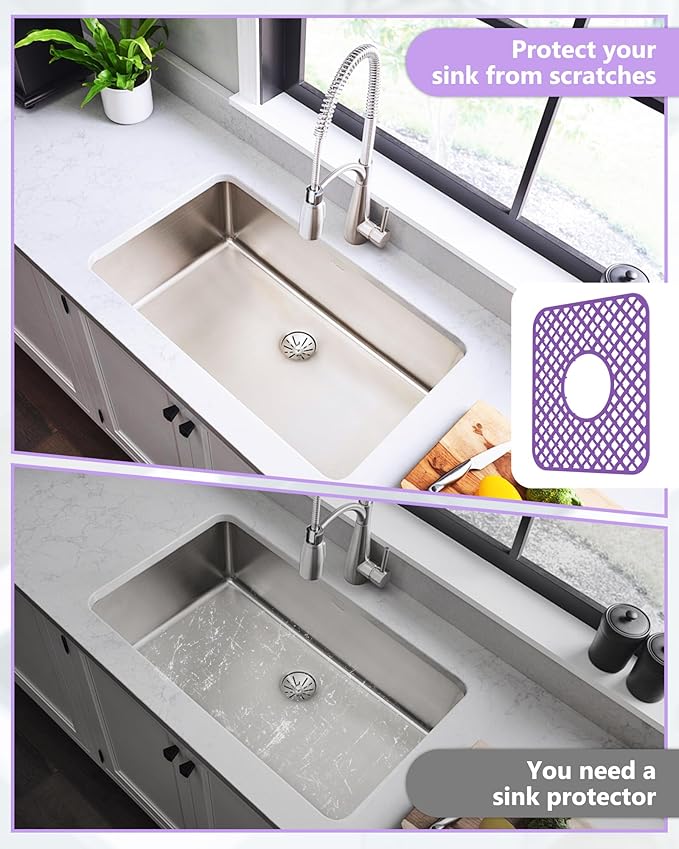 2 Pack Silicone Sink Protector for Kitchen Sink, Lozenge Pattern 12 x 11" Sink Grid Mat Silicone Protectors, Center Drain, Purple