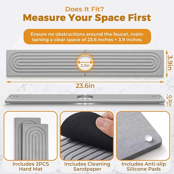 Diatomite Faucet Mat for Kitchen & Bathroom Sink Fast Drying Stone Splash Guard, Super Absorbent Sink Protector Prevents Moisture, Easy Clean Counter Tray (Gray, 23.6"x3.9")