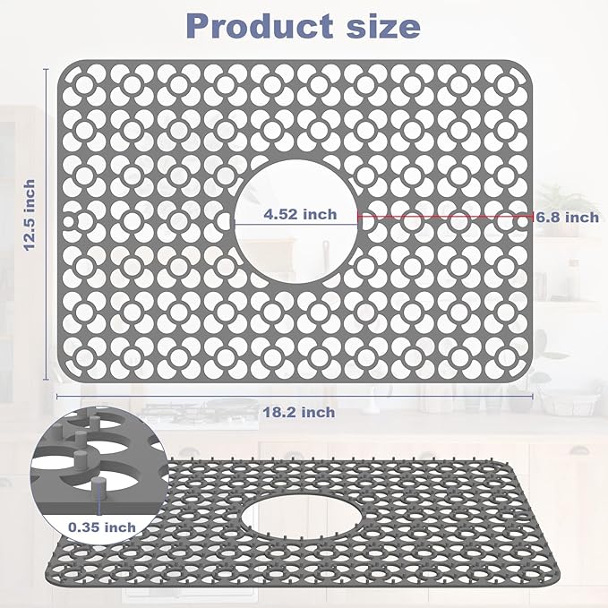TOOVEM Kitchen Sink Mats, 11.5 x 18.2 Inch Sink Protectors for Kitchen Sink, Silicone Heat Resistant Non-Slip for Bottom of Kitchen Stainless Steel Sink Mats, Grey