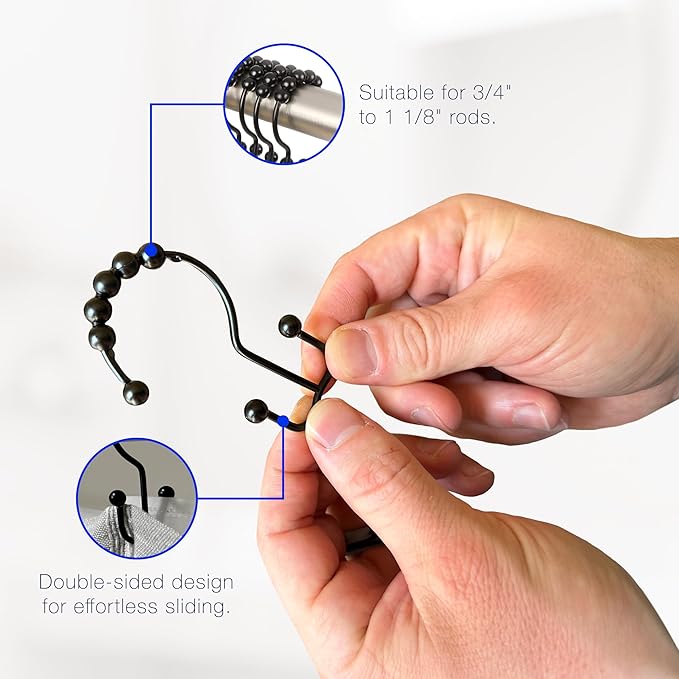 2lbDepot Double Shower Curtain Hooks Rings (Matte Black Decorative Finish) Premium Rust Resistant Stainless Steel Metal Hook, Roller Balls Glide on Shower Rods, Set of 12 Pieces