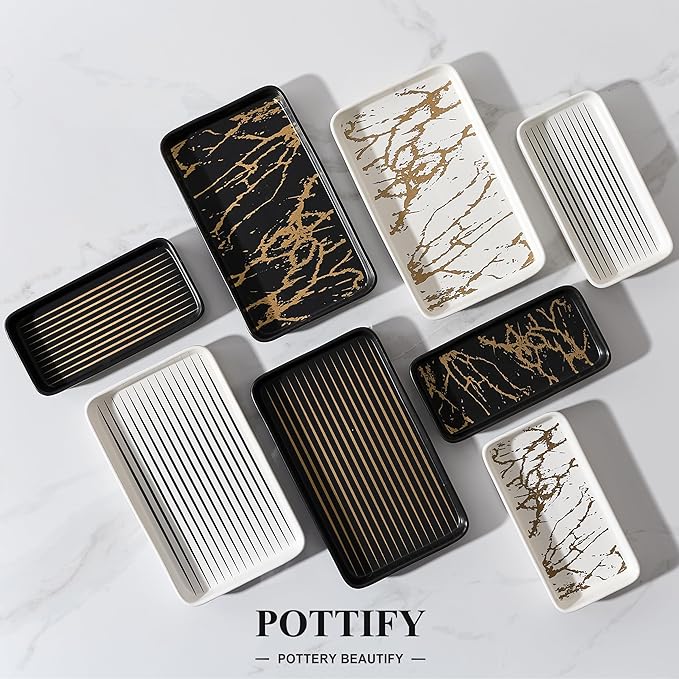 Bathroom Vanity Tray for Countertop,2PC Rectangle Striped Tray,Decorative Bathroom Organizer for Scrubber, Lotion Bottles, Perfume, Jewelry, Candle, Key Trinket Ring(Large,White)