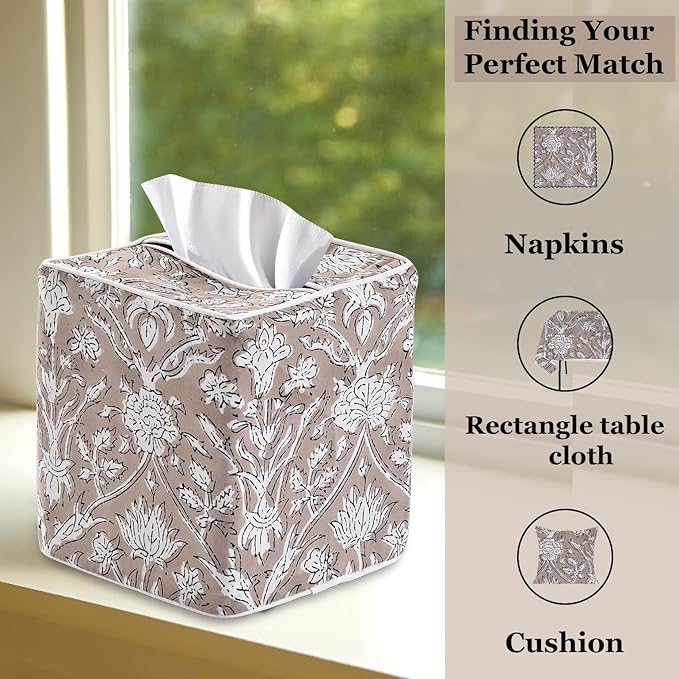 Ridhi Taupe Block Print Tissue Box Cover Handmade Cotton Fabric Decorative Square Napkin Holder for Home Bedroom Living Room Bathroom Vanity Countertop Car Night Stands Office Kitchen