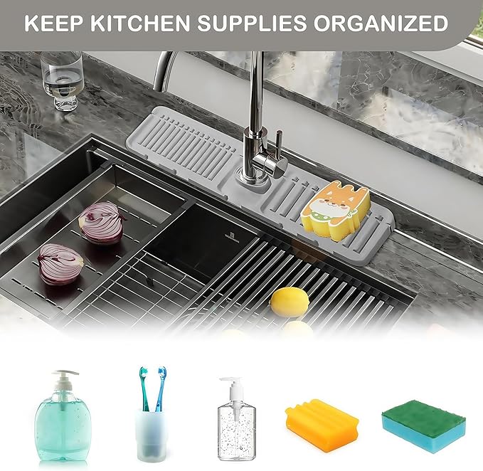 Faucet Mat for Kitchen Sink - 2024 Premium Upgrade: Enhanced Silicone Splash Guard with Rapid Drying & Dish Soap Sponge Holder, Perfect for Stone Sinks in Kitchen & Bathroom (Gray, 1 PCS)