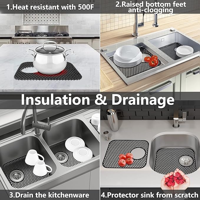 Sink Protectors for Kitchen Sink,2 PCS Silicone Kitchen Mat 13.58"x11.6",Non-Slip Bottom Guard Compatible with Farmhouse/Stainless Steel/Porcelain(Black, Rear Drain)