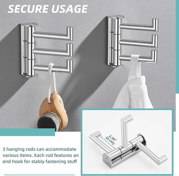 APLusee Polished Chrome Swivel Towel Hook 2 Pack, 304 Stainless Steel Coat Hook with 3 Arms, Wall Mounted