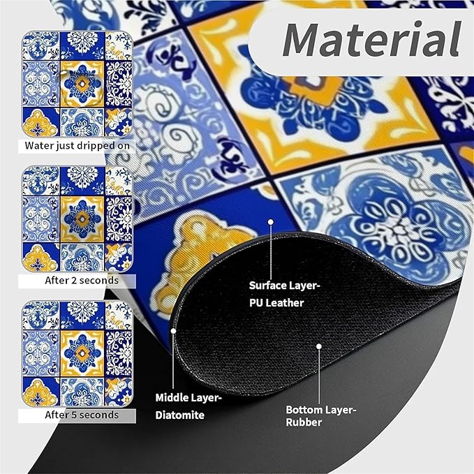 Kitchen Sink Splash Guard，Spanish tiles Faucet Mat Sink Gadgets-Super Absorbent Fast Drying Mat Drip Catcher for Kitchen, Bathroom,Sink Mat, Dish Drying Mat, Bathroom(15" X 5.5" )