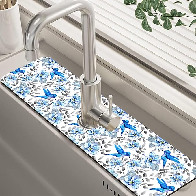 Kitchen Sink Splash Guard Faucet Mat Blue Floral and Hummingbird Absorbent Fast Drying Mat Faucet Draining Mat Sink Splash Guard Behind Faucet Drip Catcher for Kitchen Bathroom 24" X 5.5"