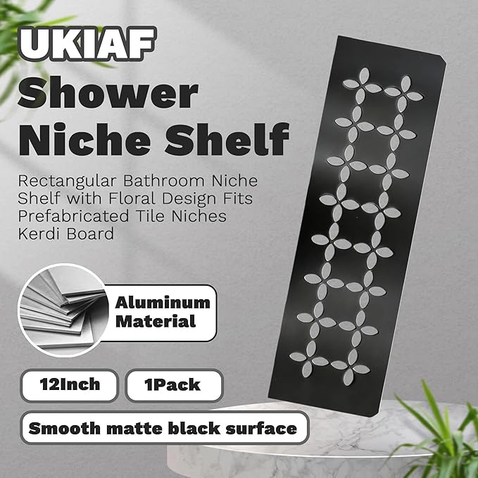 12 Inch Matte Smooth Black Surface Aluminum Material Shower Niche Shelf Rectangular Bathroom Niche Shelf with Floral Design Fits Prefabricated Tile Niches 1 Pack