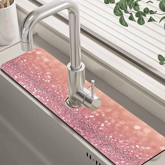 Abstract Pink Glitter Diamond Sink Faucet Absorbing Mat Sink Splash Guard Faucet Mat Draining Mat Fast Drying Sink Protectors for Kitchen and Bathroom 5.5"×24"