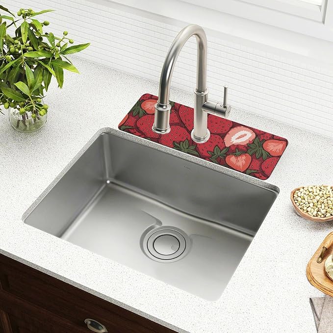 Kitchen Sink Splash Guard 2 PCS 14.7 Inch Sink Faucet Mat Splash Guard for Bathroom Countertop Water Absorbent Foldable Cuttable Soft Washable Cartoon Red Strawberry