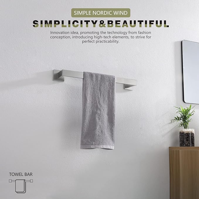 KOKOSIRI 16-Inch Single Towel Bar, Bathroom Kitchen Towel Holder, Wall Mounted SUS304 Stainless Steel Towel Rack, Brushed Nickel, B4003BR-L16