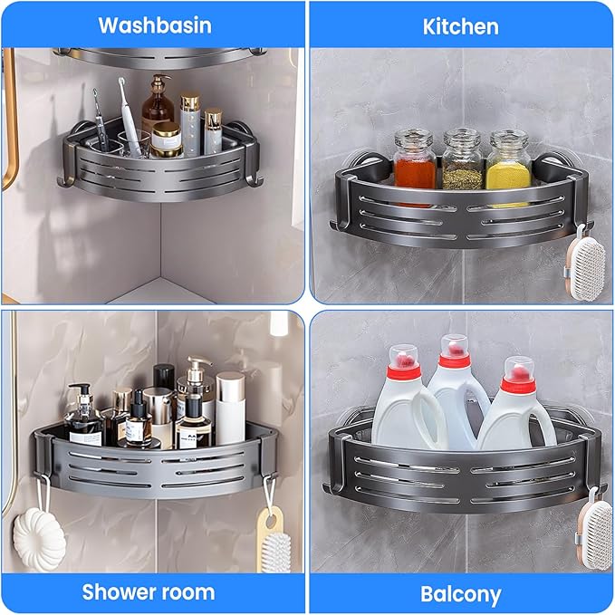 2 Pack Corner Shower Caddy Suction Cup Rust-proof aluminum alloy With 4 hooks No drilling required Removable Waterproof Nathroom Storage Rack for Shampoo, Shower Gel, Razors