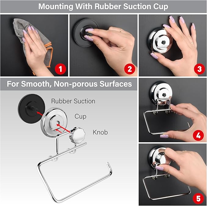 Powerful Vacuum Suction Cup Toilet Paper Holder – Wall Mount Stainless Steel Tissue Roll Dispenser for Bathroom & Kitchen – Can be Mounted on Clean Flat Smooth Surface (Chrome)
