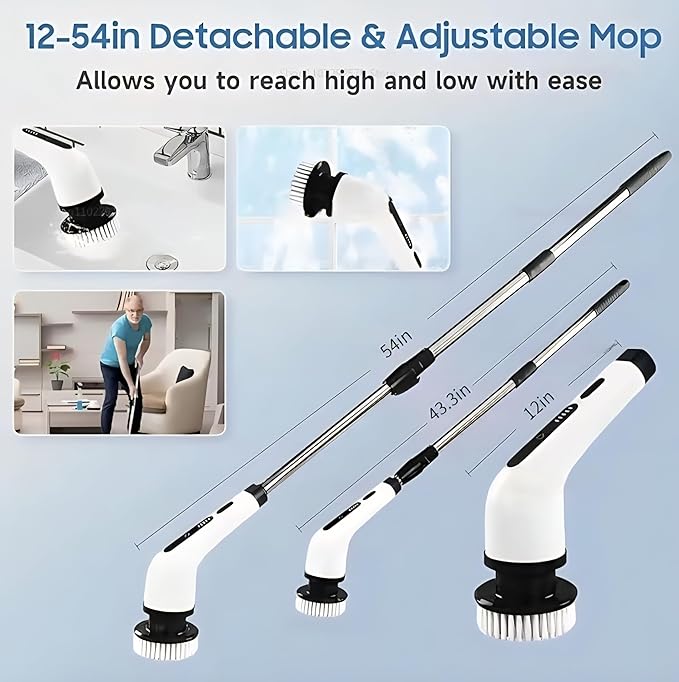 Electric Spin Scrubber for Cleaning with 9 Replaceable Brush Heads,Cordless Bathroom Cleaning Brush with 3 Speeds,IPX7 Waterproof,Adjustable Handle for Shower,Bathtub,carpet,Tile,Floor & Kitchen,White
