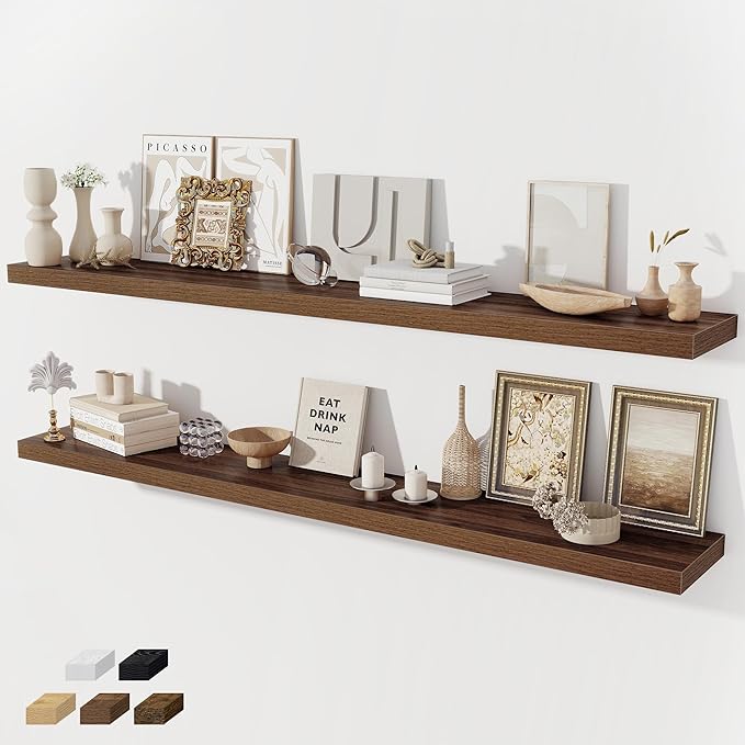 Floating Shelves for Wall, 66 Inch Floating Shelves Set of 2, Wall Mounted Rustic Wood Shelf for Bathroom, Living Room, Bedroom and Kitchen, Hanging Shelf for Storage, Books, Home Decor, Walnut