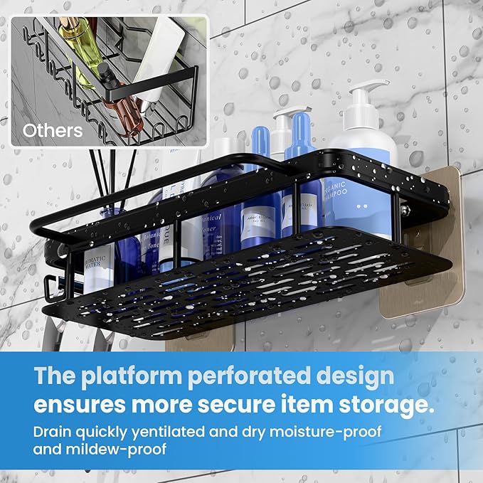 Flat Panel Design Shower Caddy,Anti-Tip & Anti-Fall Bathroom Organizers and Storage,2-Pack Rust-Resistant Aluminum Shower shelves with 2 Towel Bars & 4 Hooks,Spacious Bathroom Accessories Set