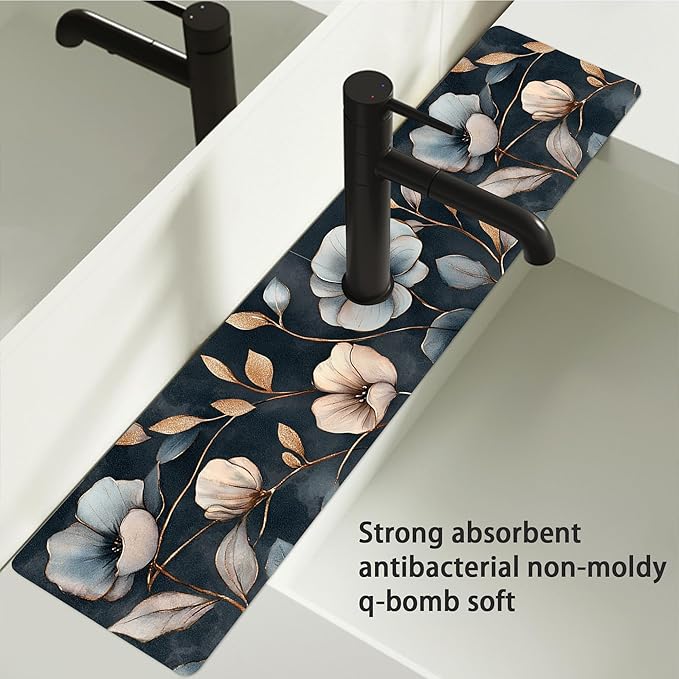 Bimkole 2 PCS Faucet Absorbent Mat, Kitchen Faucet Sink Splash Guard Wraparound Cloth Pads Drip Catcher for Sink Faucet for Kitchen Bathroom Faucet, Colorful Faucet Mat, 15 x 4 Inch Flower A4