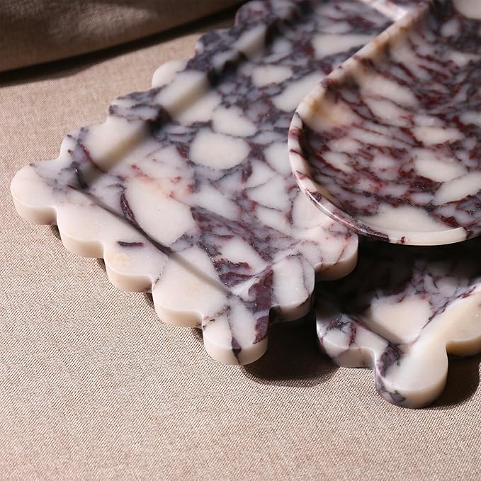 Natural 100% Marble Vanity Tray Luxury Scalloped Marble Storage Square Rectangle Tray for Home Decor Stone Tray for Bathroom Kitchen Candle Key (Rectangle-11.8 * 7.4-Calacatta Viola)