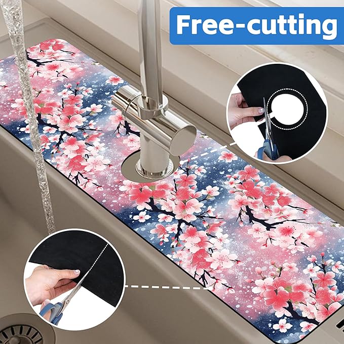 Japanese Pink Cherry Blossoms Dish Drying Mat for Kitchen Sink Splash Guard Behind Faucet Sink Mat Absorbent Fast Drying Faucet Draining Mat for Bathroom Kitchen 5.5"×24"
