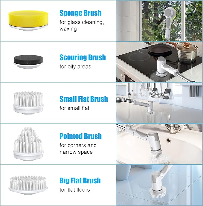 Electric Spin Scrubber, Scrub Brush Dual Speed, Power Shower Scrubber with 6 Replacement Head, Cordless Cleaning Brush with Extension Handle for Bathtub Grout Tile Floor, White