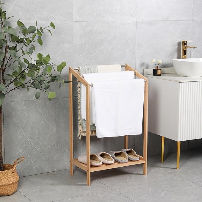 HYNAWIN Free-Standing Towel Rack,3 Tiers Bathroom Towel Drying Rack with Bottom Shelf,Wooden Blanket Holder, Bamboo Multi-Use Organizer for Towels, Blankets, and Slippers