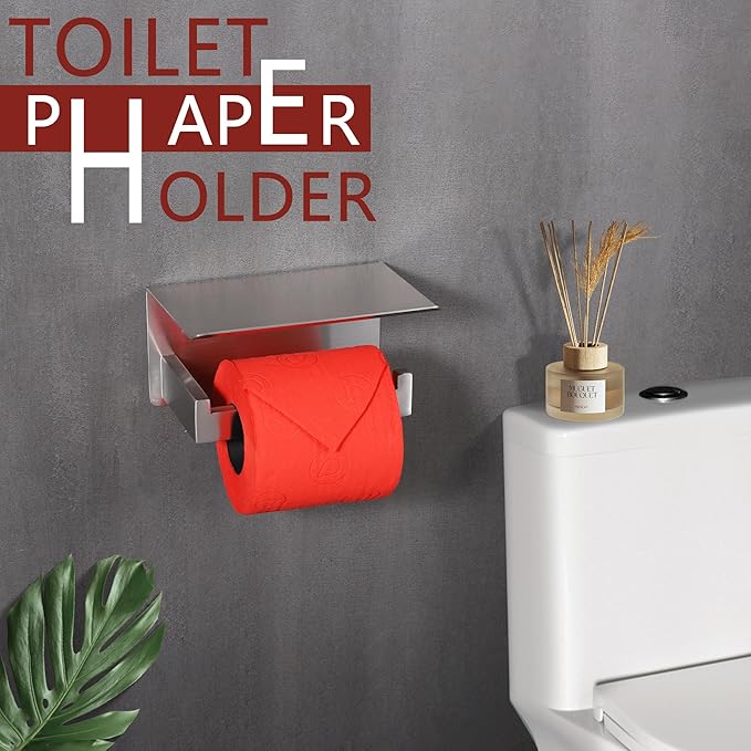 LANC Bathroom Toilet Paper Holder with Shelf, Brushed Nickel Toilet Paper Roll Holder with Wipes Shelf for Bathroom Wall Mount, Stainless Steel Self-Adhesive or Screw TP Holder, A8367BN