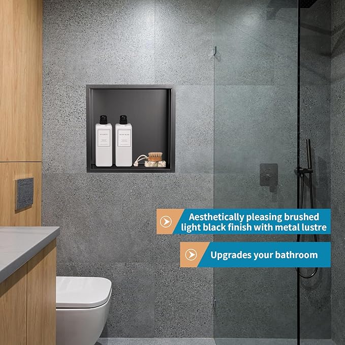 12"×12" Shower Niche Brushed Stainless Steel, Recessed Shower Caddy, Bathroom Shelf Insert Fits for 11"x11" Wall Hole Installation (Light Black)