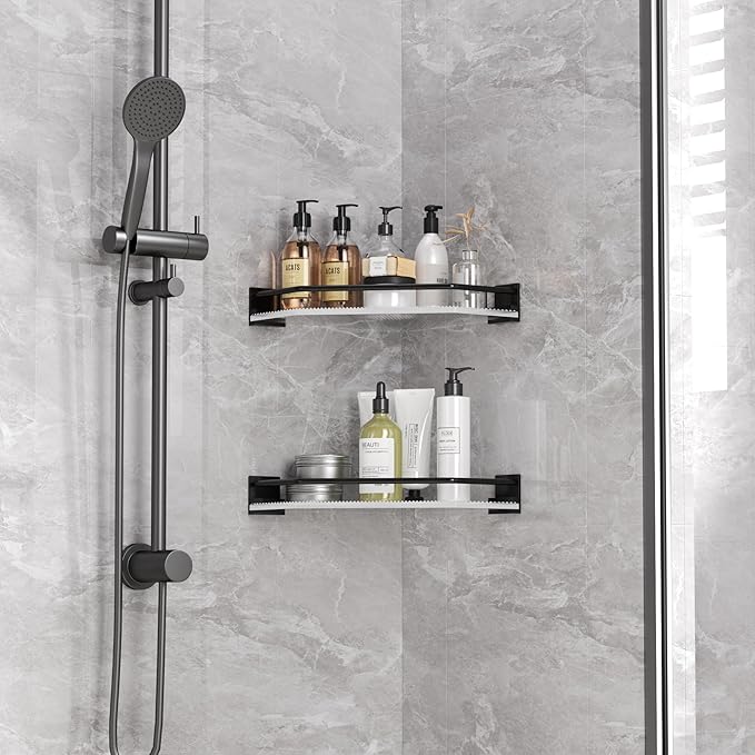 Acrylic Corner Bathroom Counter Organizer - 2 Tier Countertop Storage Shelves for Dresser, Kitchen, Laundry, Dorm Room (Black)