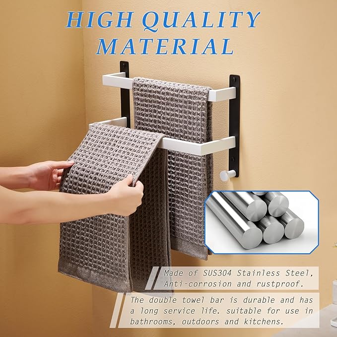Bath Double Towel Bars with Hooks, 16 Inch Stainless Steel Towel Rail, Wall Mount Towel Rack for Bathroom Lavatory, White & Black
