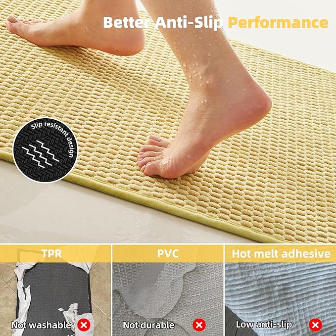 Bathroom Runner Rug, Long Bath Mat Washable Thin Quick Dry Low Pile Bathroom Runner Rugs 24 x 60 Non Slip, Yellow 24"x60"