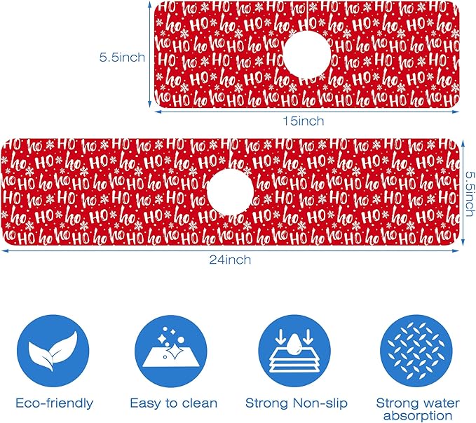 Christmas Hohoho Kitchen Sink Splash Guard Mat - Santa Claus Laugh Faucet Protector, Fast Drying Draining Mat for Kitchen and Bathroom 5.5"24"