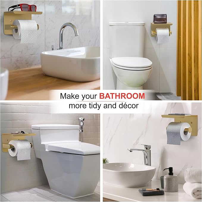 Brushed Gold Toilet Paper Holder with Shelf, SUS304 Stainless Steel Wall Mounted, Dual Installation Adhesive or Screw, Rustproof Modern Bathroom Tissue Roll Holder