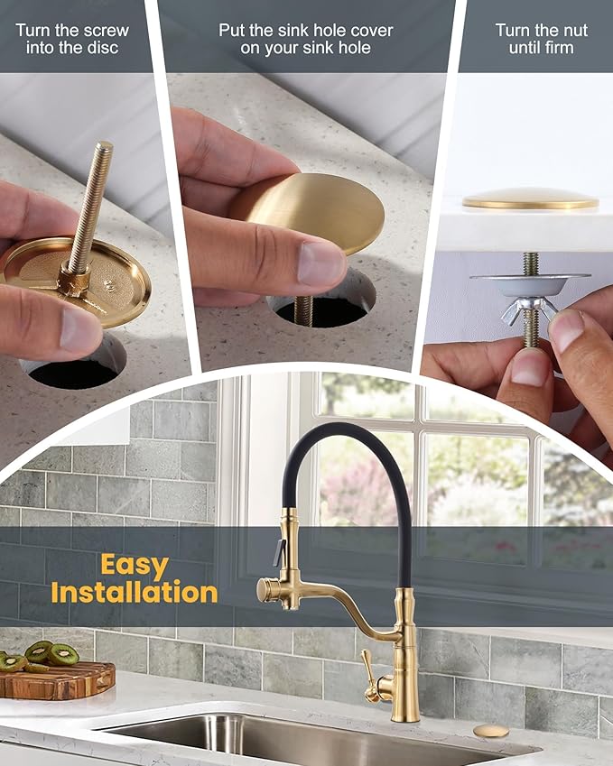 ALEASHA Kitchen Sink Hole Cover, Faucet Hole Cover for Kitchen Sink, Tap Hole Plate Stopper Cover Blanking Brass Metal Plug, Brushed Gold