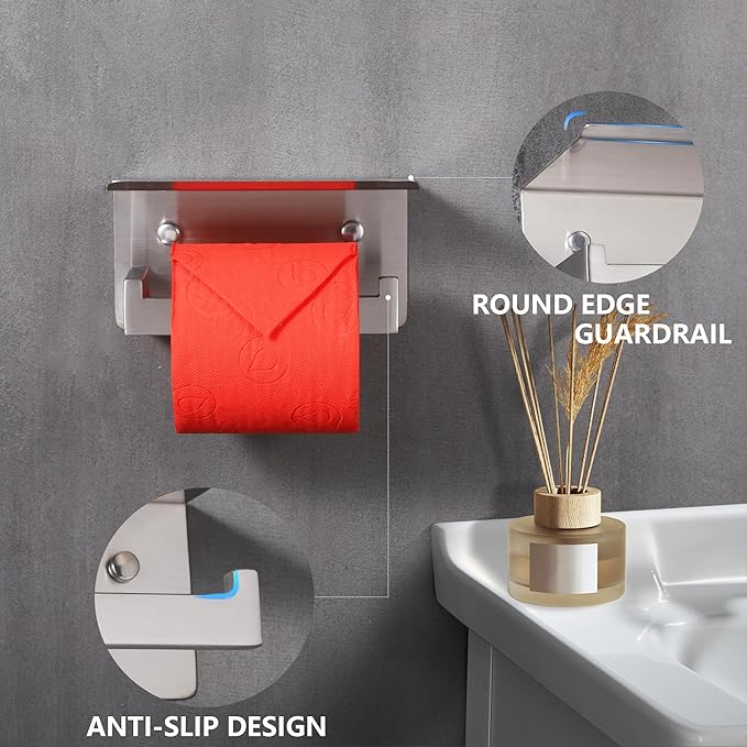 LANC Bathroom Toilet Paper Holder with Shelf, Brushed Nickel Toilet Paper Roll Holder with Wipes Shelf for Bathroom Wall Mount, Stainless Steel Self-Adhesive or Screw TP Holder, A8367BN