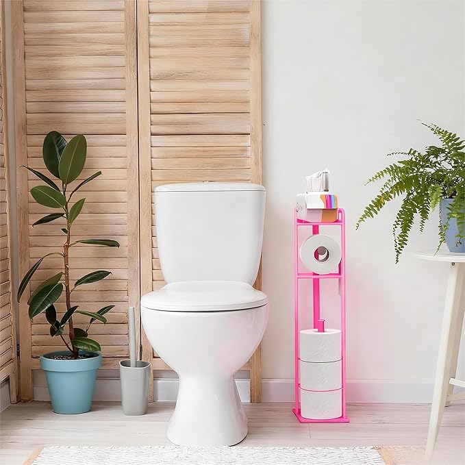CISILY Pink Toilet Paper Holder Stand with Phone Shelf, Bathroom Toliet Decor Decoration. Tissue Paper Roll Holder Free Standing Storage Decor Accesories