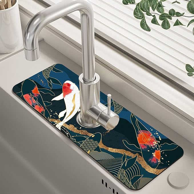 Oriental Japanese Koi Fish Sink Faucet Absorbing Mat Sink Splash Guard Faucet Mat Draining Mat Fast Drying Sink Protectors for Kitchen and Bathroom 5.5"×15"