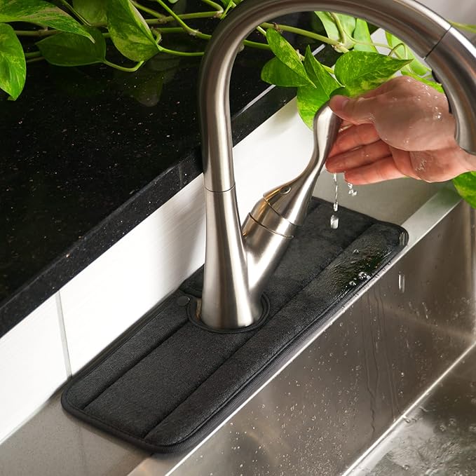 Ternal Sinkmat for Kitchen Faucet, Original Design, Absorbent Microfiber Fabric, Machine Washable Splash Guard & Drip Catcher For Around Faucet Handle [Black Bundle, 24",15" & 9"]