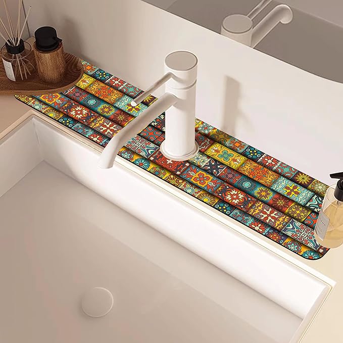 Vintage Mandala Floral Dish Drying Mat for Kitchen Sink Splash Guard Behind Faucet Sink Mat Absorbent Fast Drying Faucet Draining Mat for Bathroom Kitchen 5.5"×24"