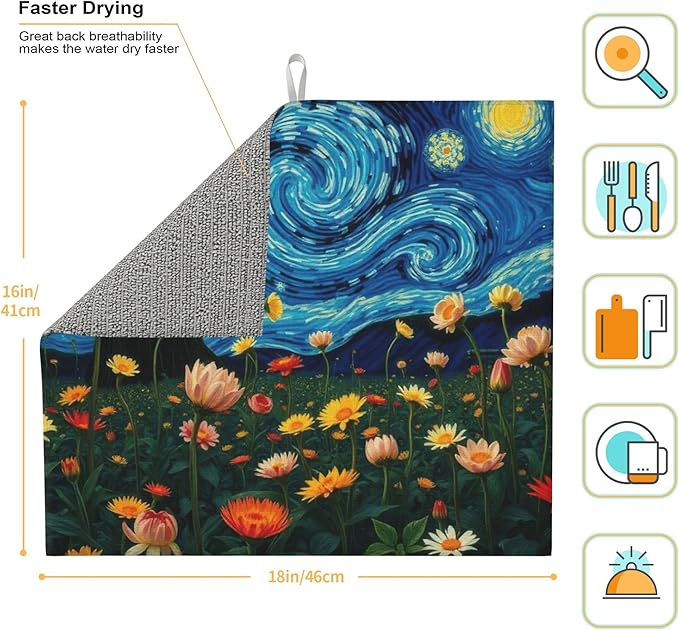Starry Night Flowers Dish Drying Mat for Kitchen Counter, 16"x18" Microfiber Absorbent Fast Dry Mat, 2Pcs Dish Mat Faucet Mats Sets, Large Drying Kitchen Mat Kitchen Drying Pad
