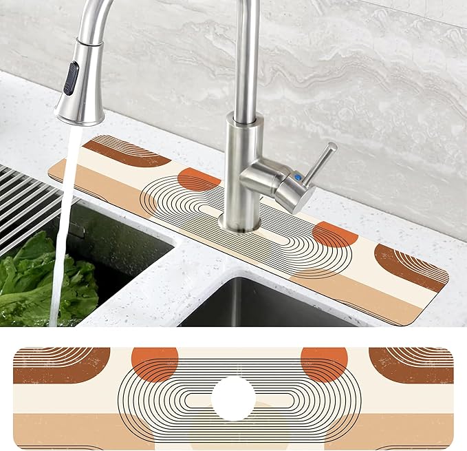 Abstract Minimalistic Geometric Sink Faucet Absorbing Mat Sink Splash Guard Faucet Mat Draining Mat Fast Drying Sink Protectors for Kitchen and Bathroom 5.5"×24"