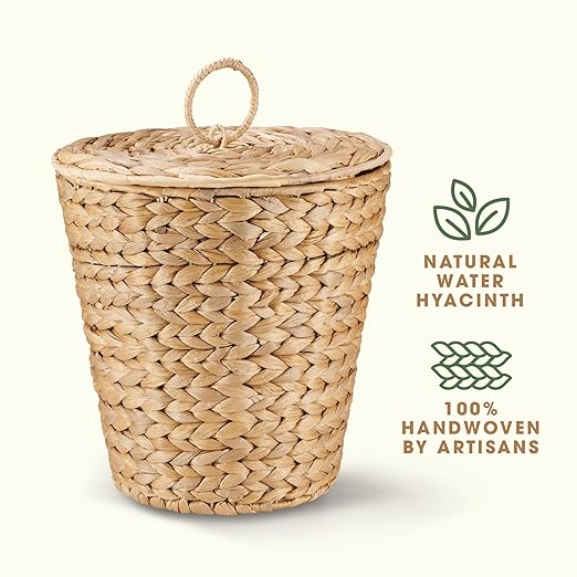 3 Gallon Wicker Trash Can with Lid and Liner - Rattan Trash Can - Wicker Waste Basket for Bathroom, Bedroom, Kitchen, Living Room