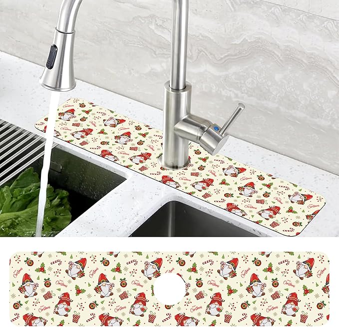 Christmas Santa Claus Kitchen Sink Splash Guard Mat Absorbent Fast Drying Mat Faucet Draining Mat Sink Splash Guard Behind Faucet Drip Catcher for Kitchen Bathroom 5.5"×24"